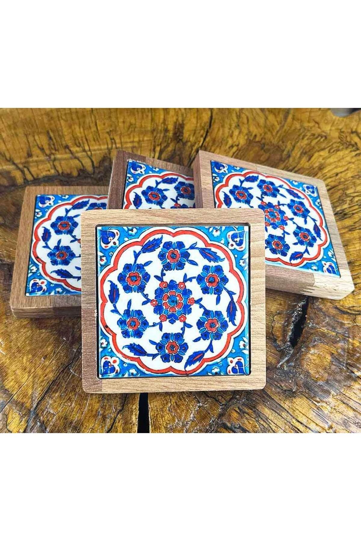 Çini Evi Çiçek Motifli Ahşap Bardak Altlığı Takımı