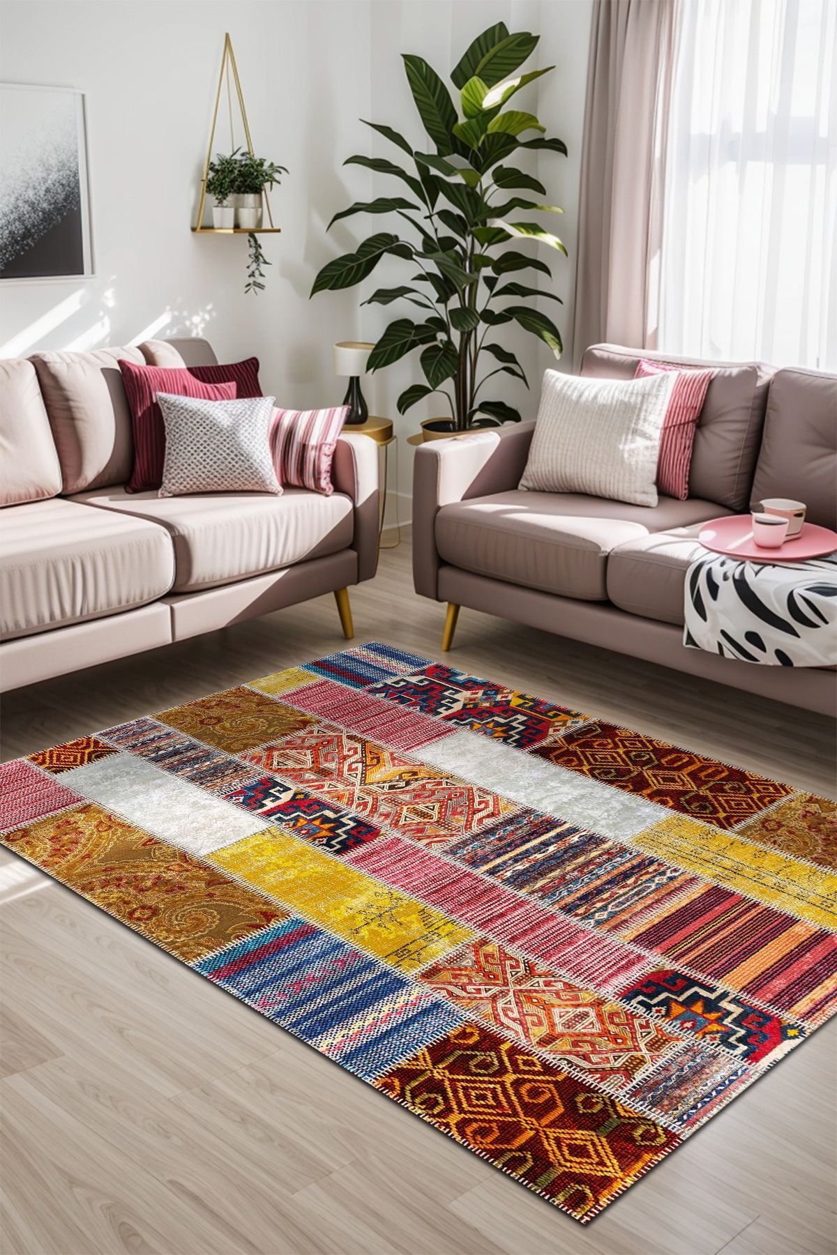 Lattedizayn Roy Eskitme Yıkanabilir Kaymaz Pamuk Taban Kadife Salon Mutfak Halısı Yolluk Kilim