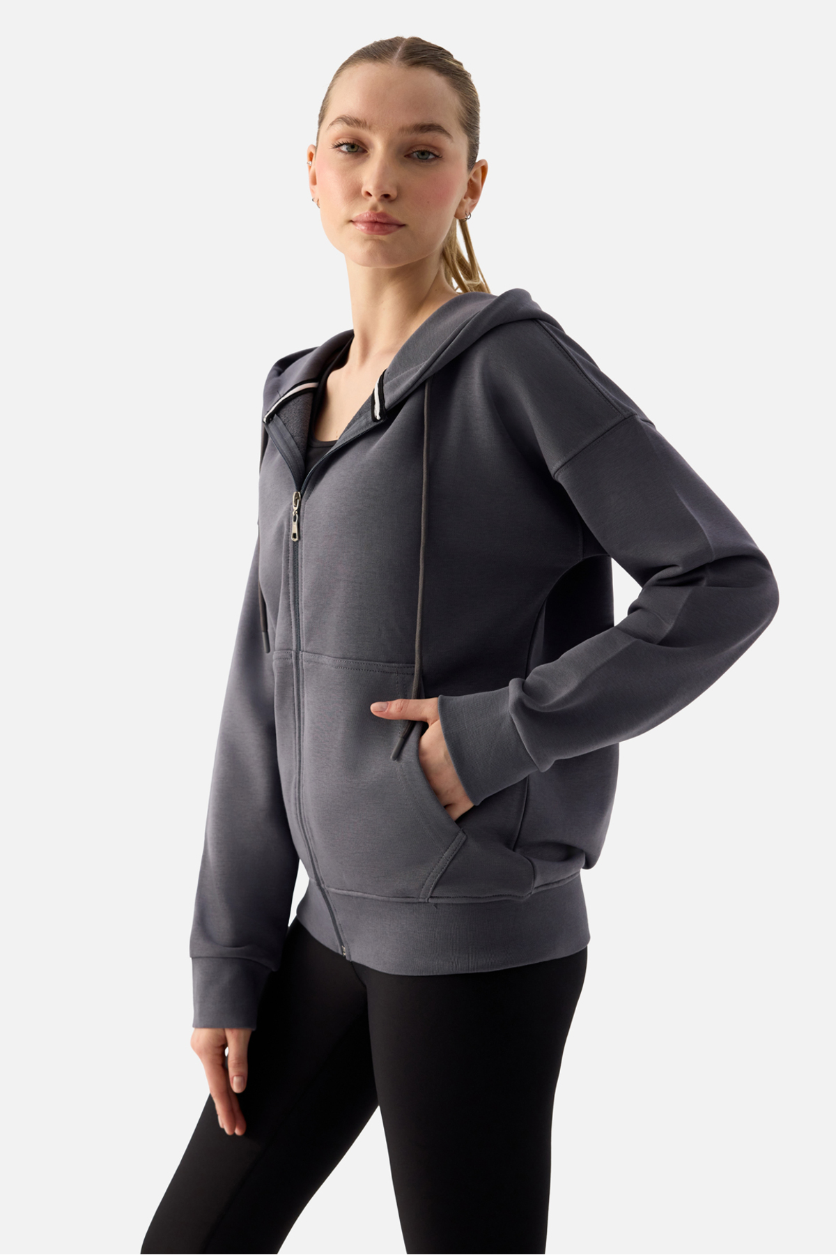 Superstacy Luna Fermuarlı Kapüşonlu Füme Sweatshirt görsel 3