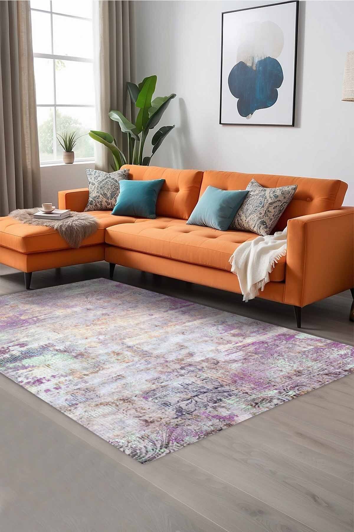 Lattedizayn Ruby Eskitme Yıkanabilir Kaymaz Pamuk Taban Kadife Salon Mutfak Halısı Yolluk Kilim