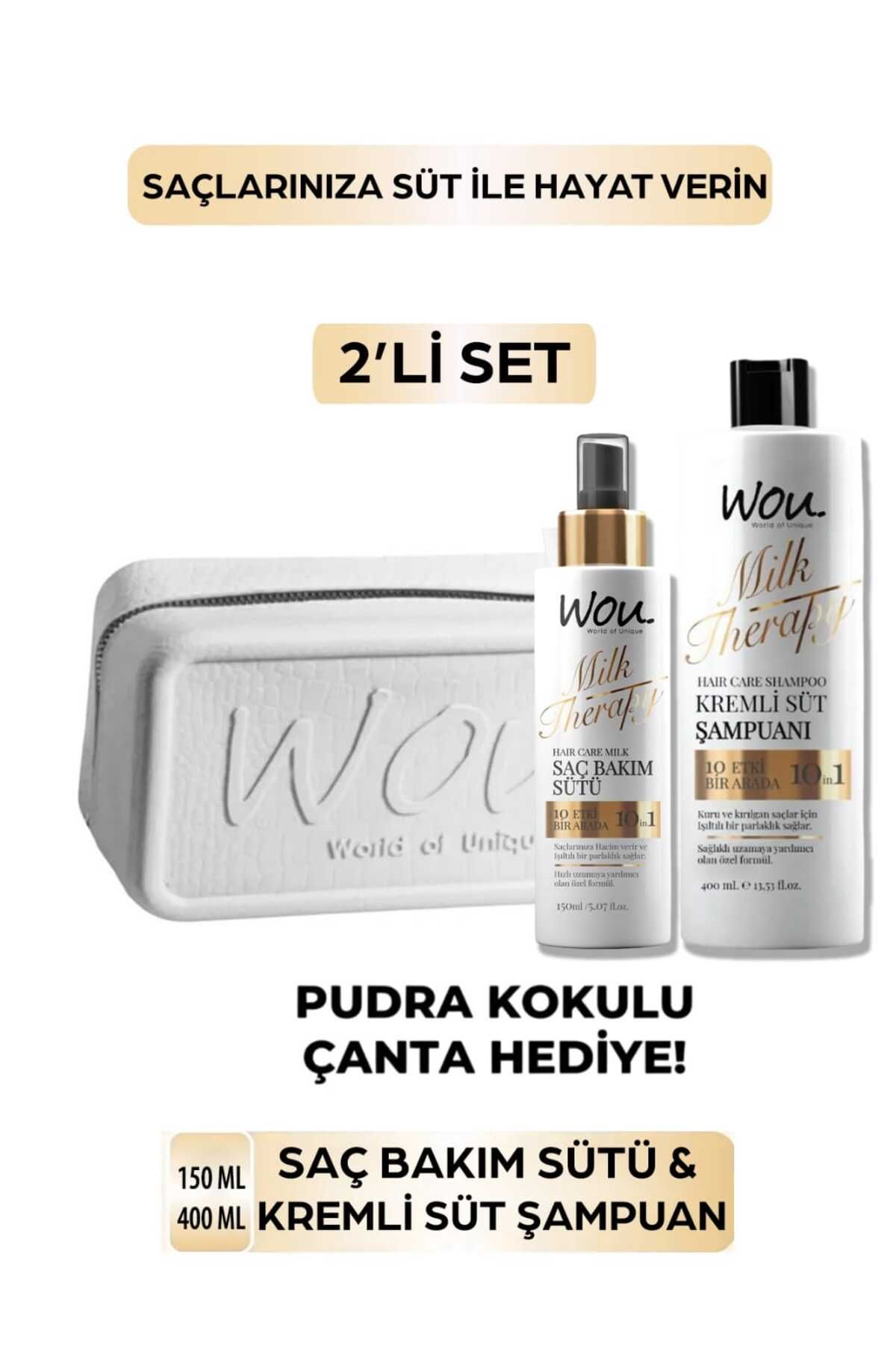 WOU World of Unique Milk Therapy Şampuan 400 Ml & Saç Bakım Sütü 150 Ml/Pudra Kokulu Makyaj Çantası