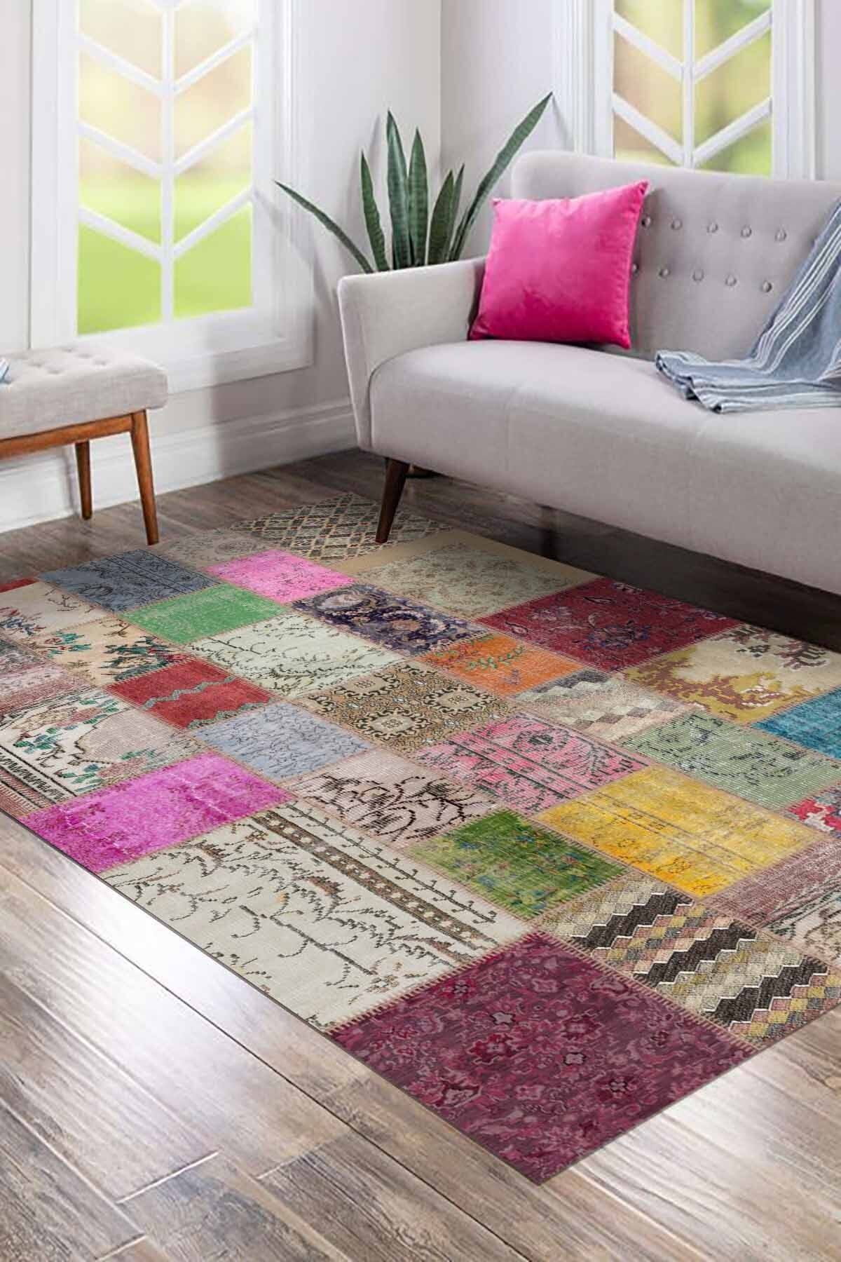 Lattedizayn AIDDA HOME Dalia Eskitme Yıkanabilir Kaymaz Pamuk Taban Kadife Salon Mutfak Halısı Yolluk Kilim