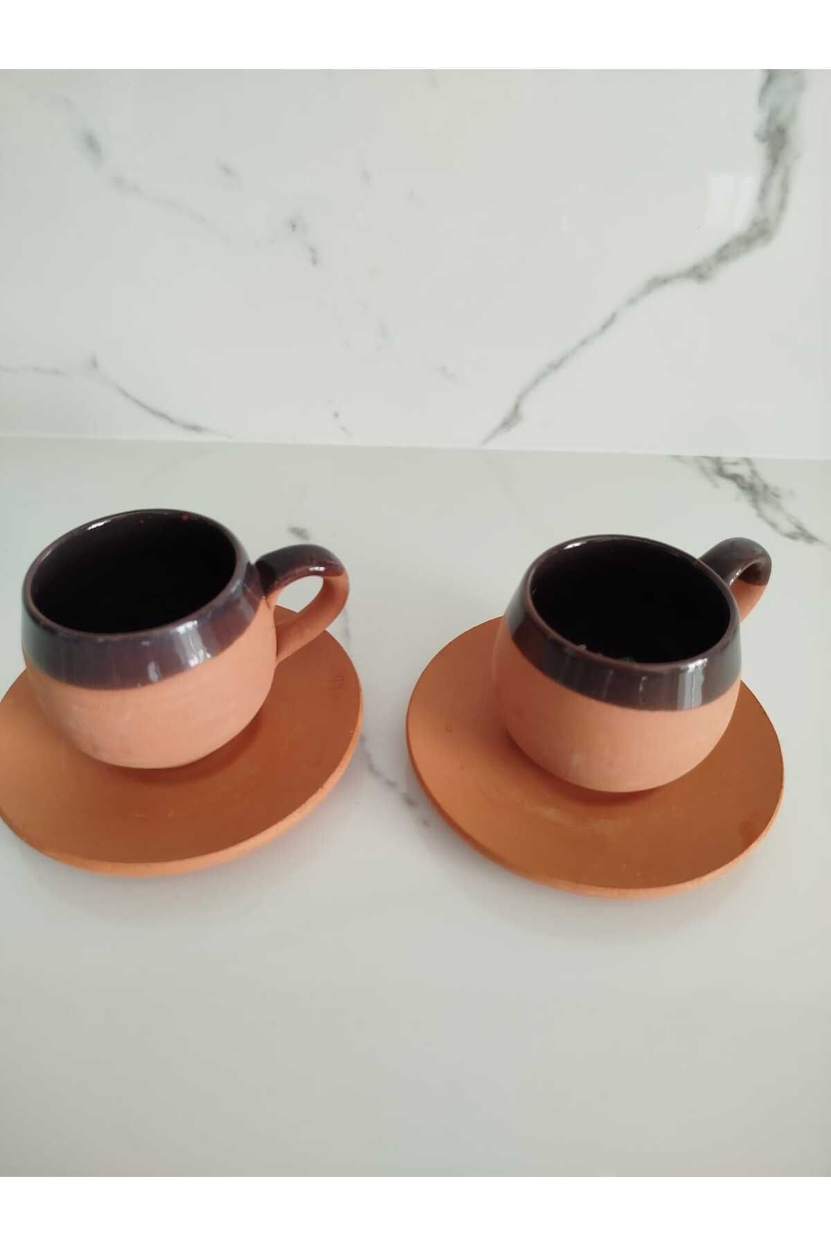 Cappadocia Family Store Toprak Yuvarlak İçi Sırlı Mor 2'li Kahve Fincan Takımı