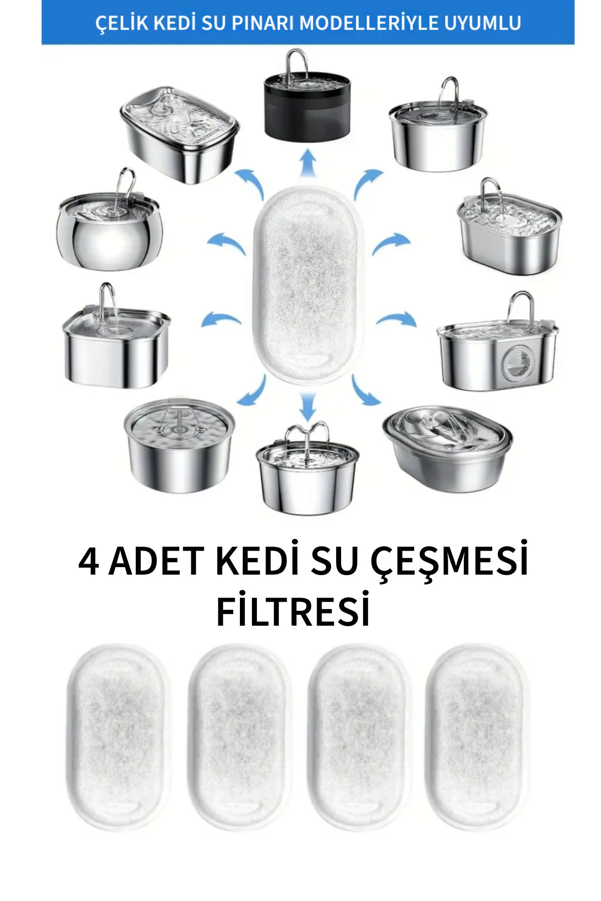 GMRK Store Çelik Kedi Su Çeşmesi Uyumlu Filtre ve Sünger, Arıtma Seti, Kedi Su Çeşmesi Filtresi (4+4 Paket)