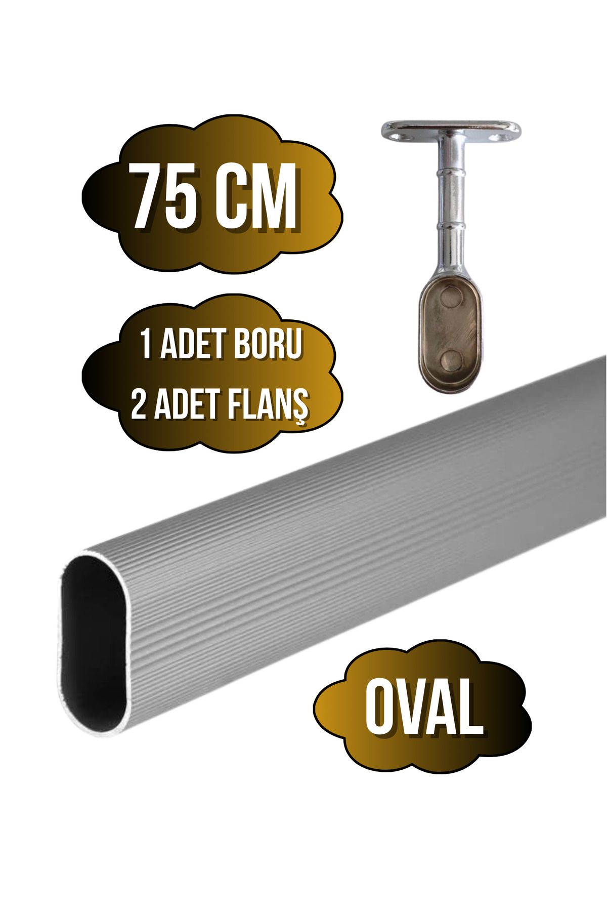 DSYapıAksesuar Alüminyum OVAL Dolap Mobilya Askı Borusu(75CM)(2 ADET AYAKLI KAPALI FLANŞ-1 ADET BORU)(ALÜMİNYUM)