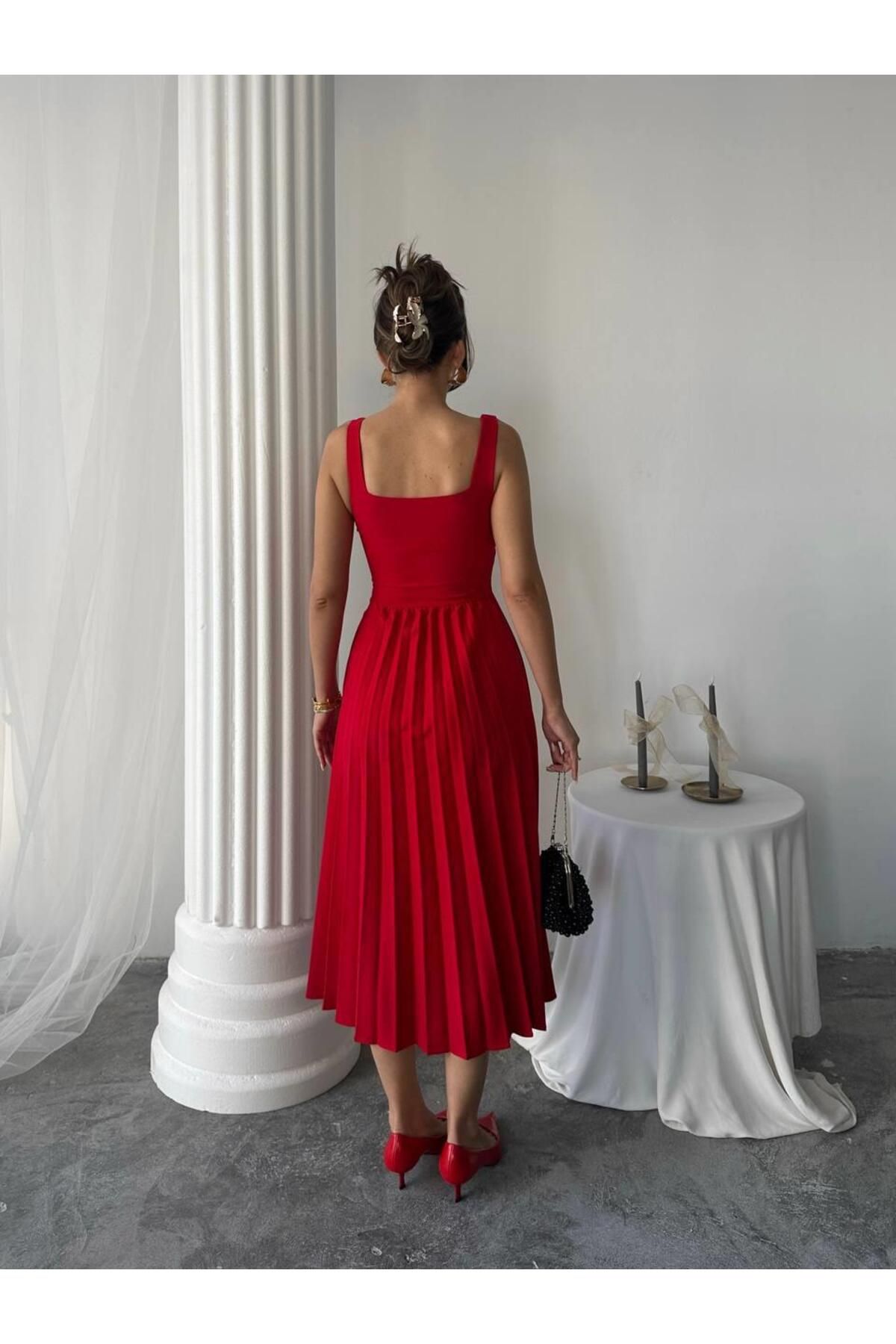 conconmoda Alyosa Pileli V Yaka Midi Elbise