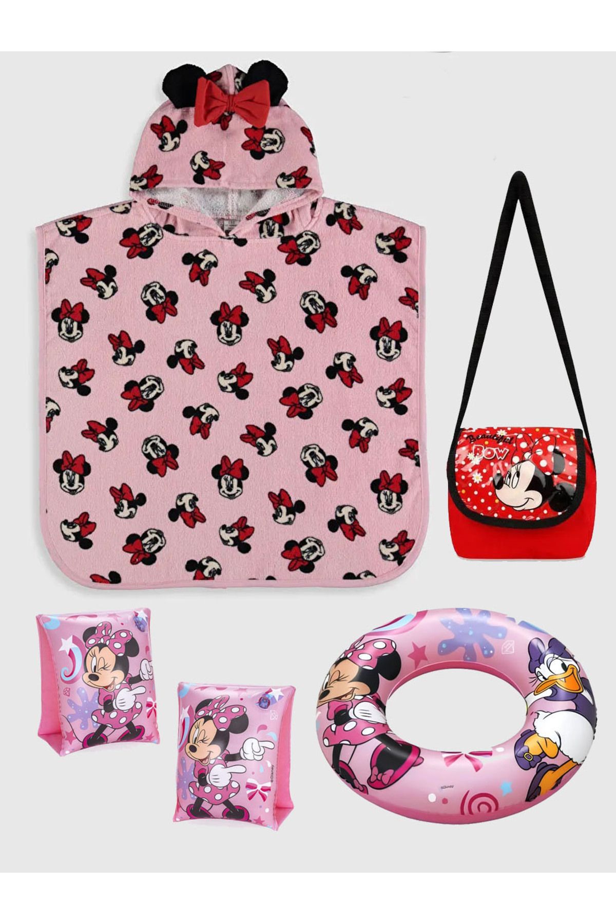 Minnie Mousee 3-6 Yaş Kız Çocuk Plaj Havlusu Panço + Taşıma Çantalı Yüzme Can Simidi + Kolluk