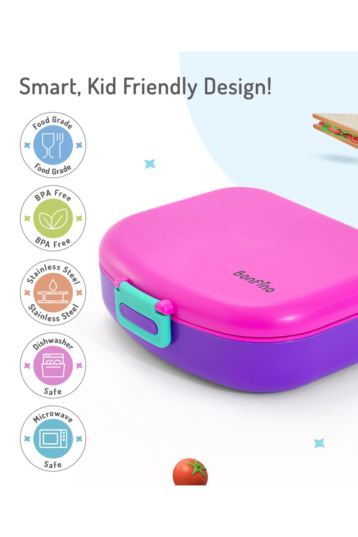 Bonfino-Bonfino Lunch Box, Leak-Resistant, Multi-Material Build, Durable, 1300 mL- Pink and Purple 5