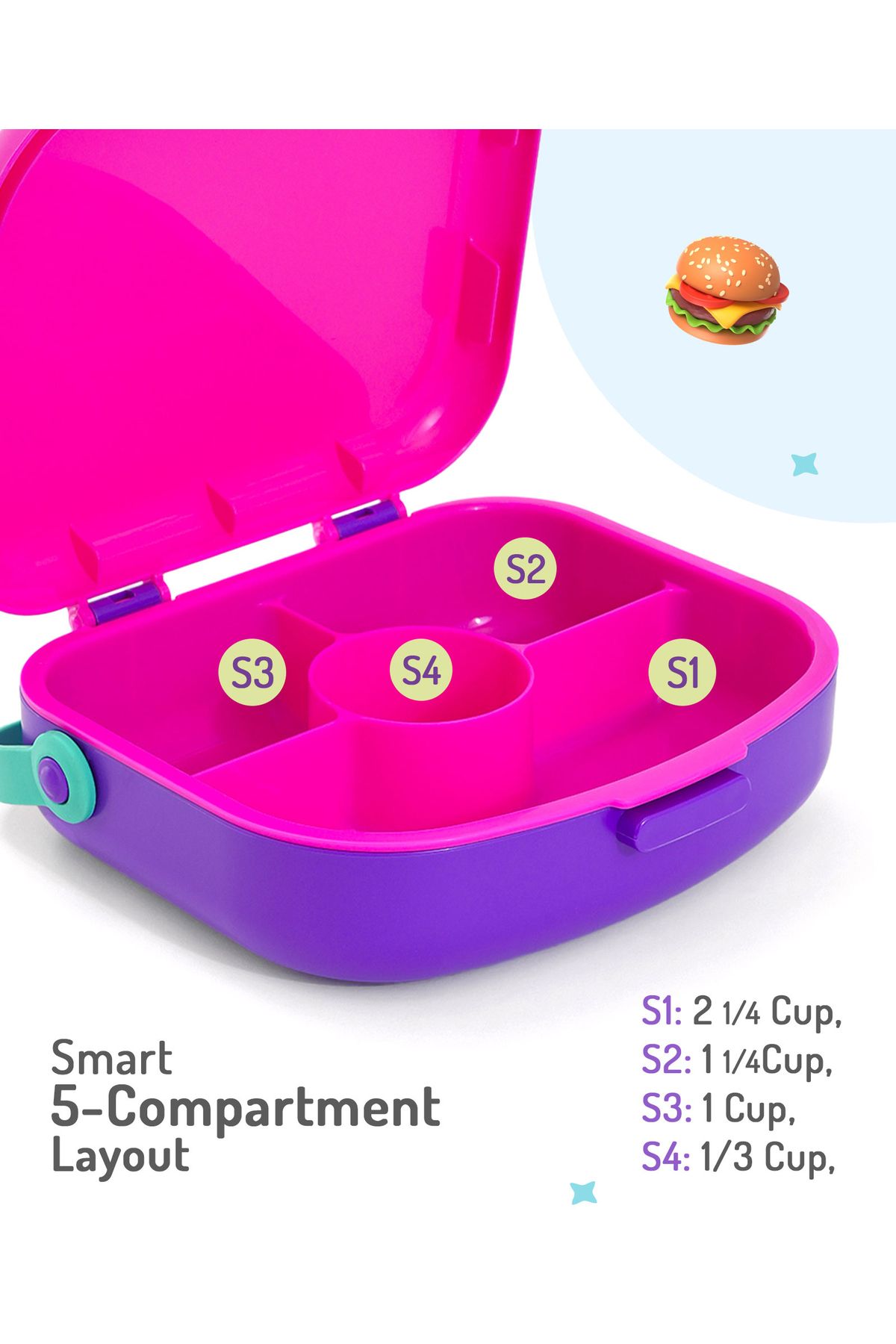 Bonfino-Bonfino Lunch Box, Leak-Resistant, Multi-Material Build, Durable, 1300 mL- Pink and Purple 3