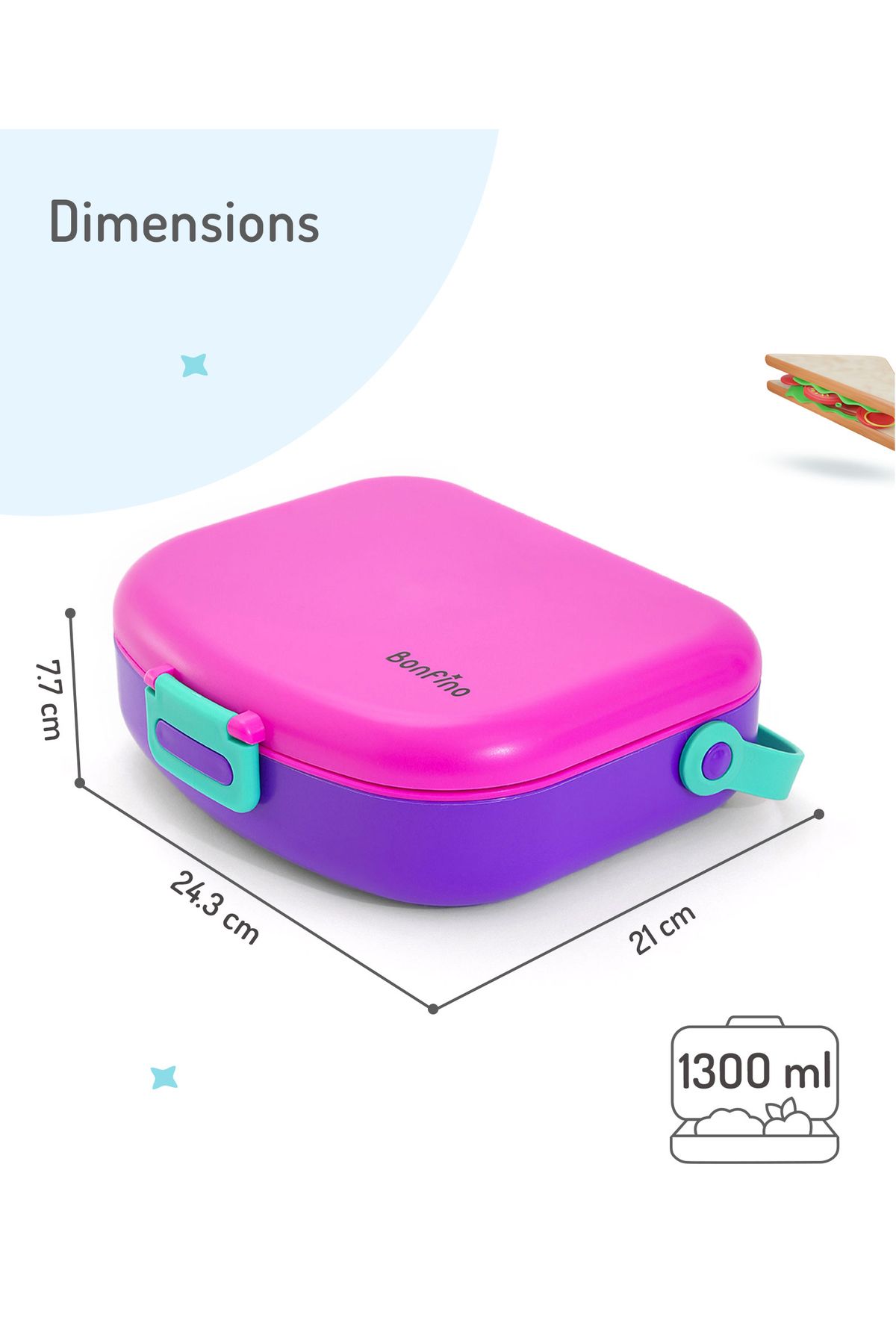 Bonfino-Bonfino Lunch Box, Leak-Resistant, Multi-Material Build, Durable, 1300 mL- Pink and Purple 6