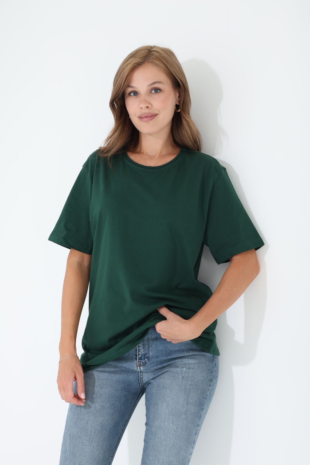 Tight Lady Kadın %100 Pamuk Nefti Yeşili Bisiklet Yaka Oversize Boyfriend T-shirt