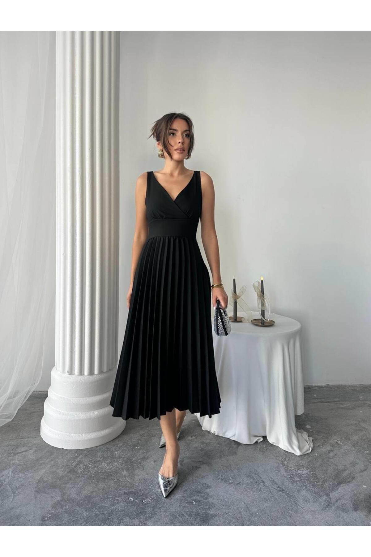 conconmoda Alyosa Pileli V Yaka Midi Elbise