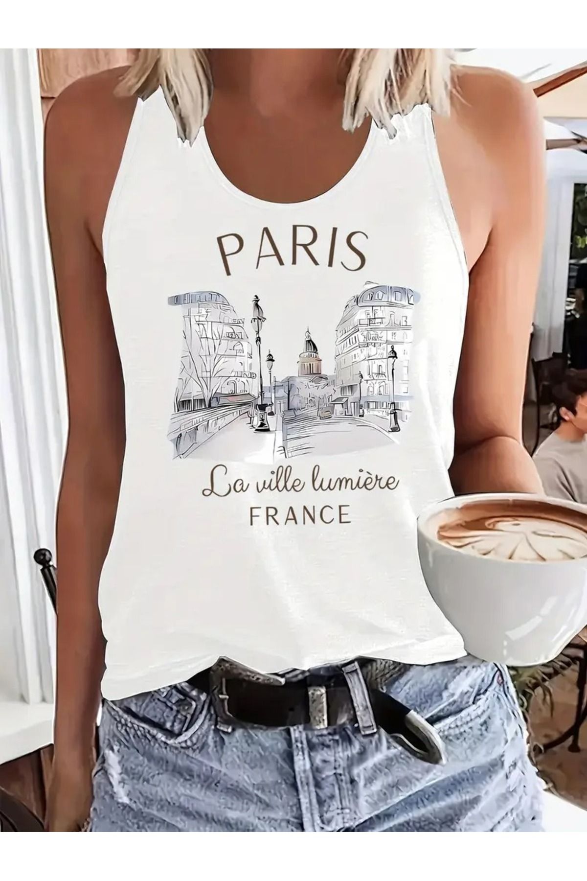 mercoledi Kadın Kolsuz Baskılı Yuvarlak Yaka Üst T-shirt