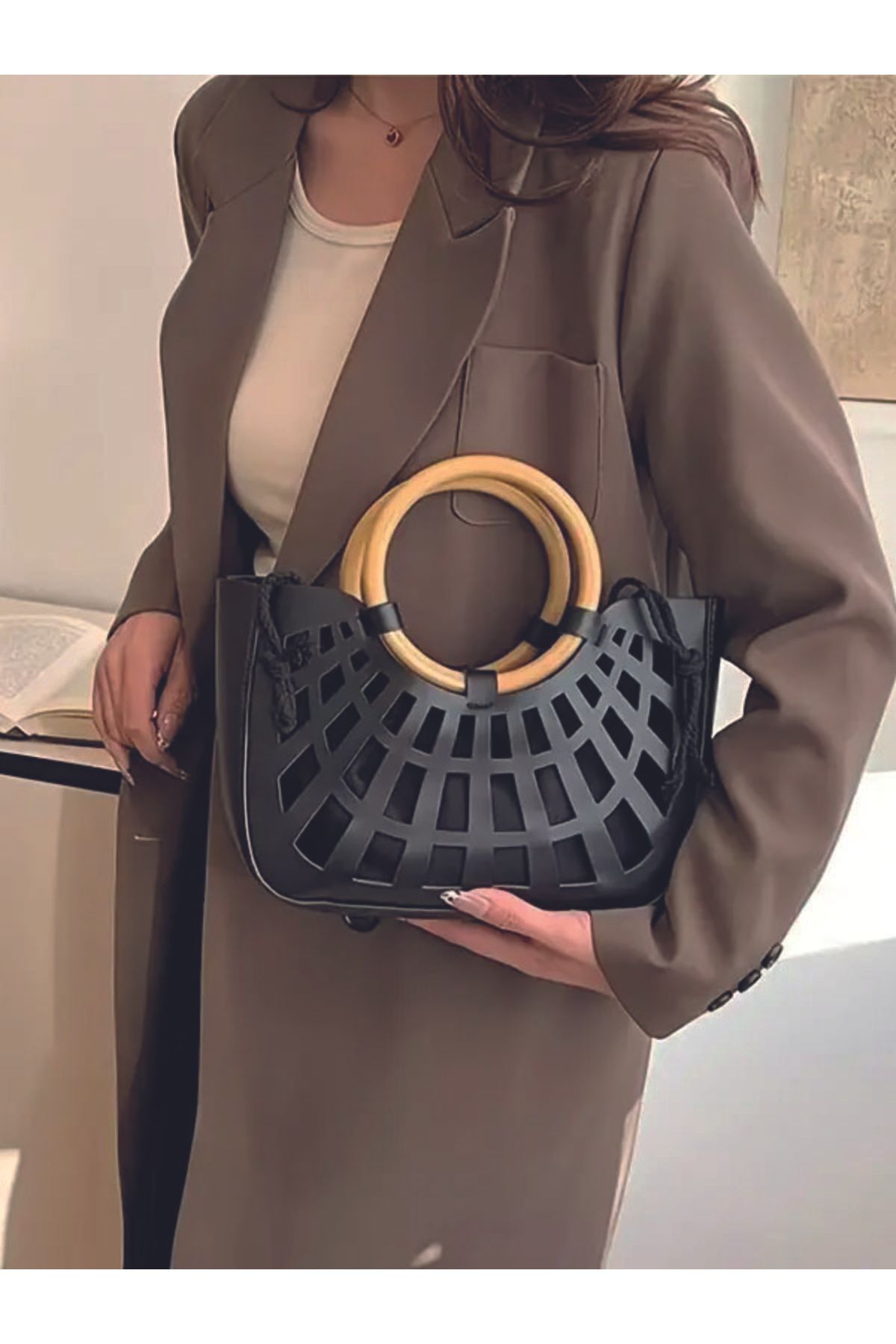 ÇANTA Lattice Kesik Tasarımlı, İpli Kapatma & Astarlı Casual Chic Tote Çanta El Çantası