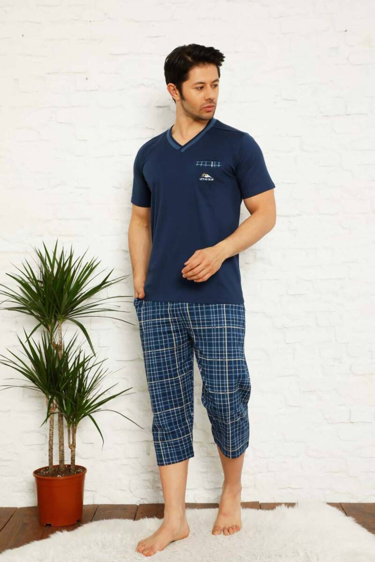 ALİMER İndigo Ekoseli Bermuda Erkek Pijama Takımı 1167B