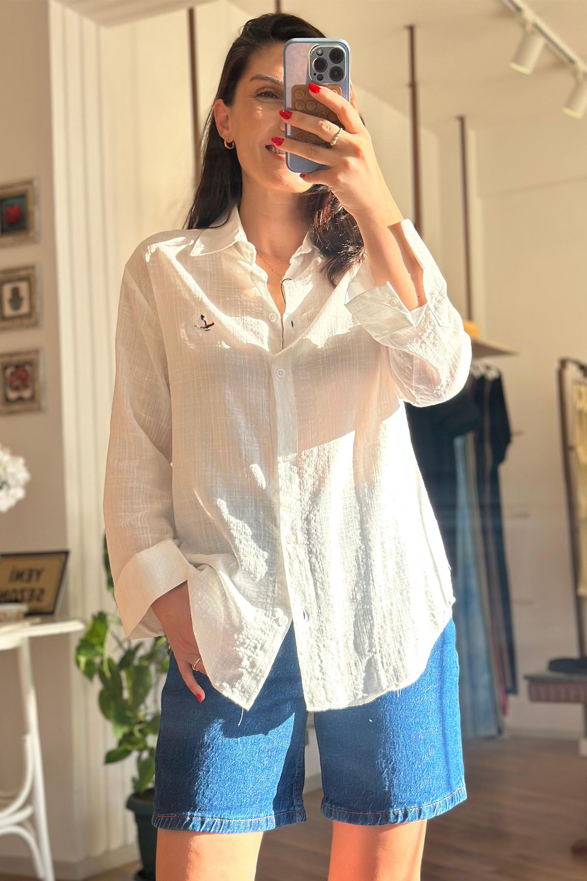 Unique Boutique Beyaz Oversize Keten Gömlek