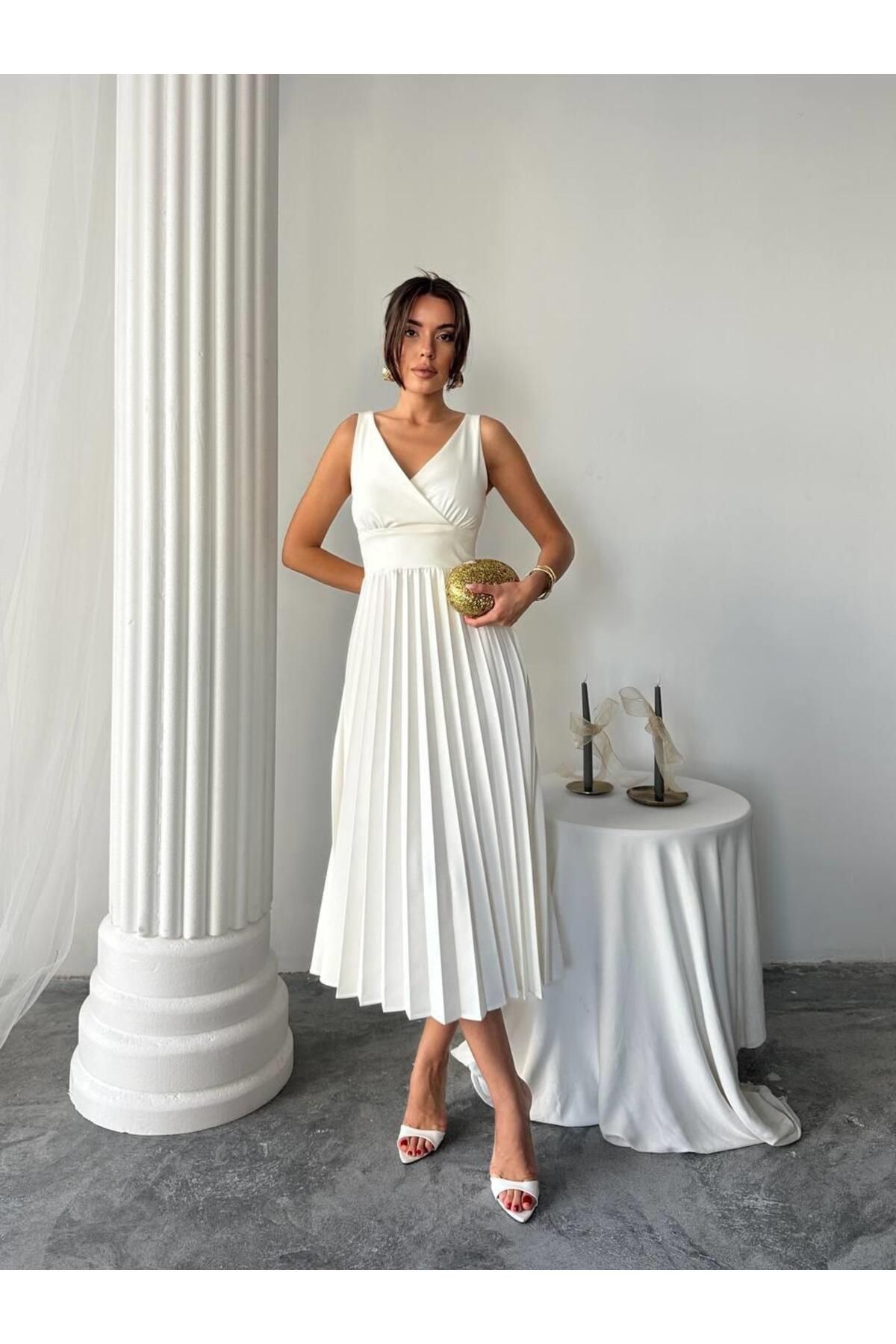 conconmoda Alyosa Pileli V Yaka Midi Elbise