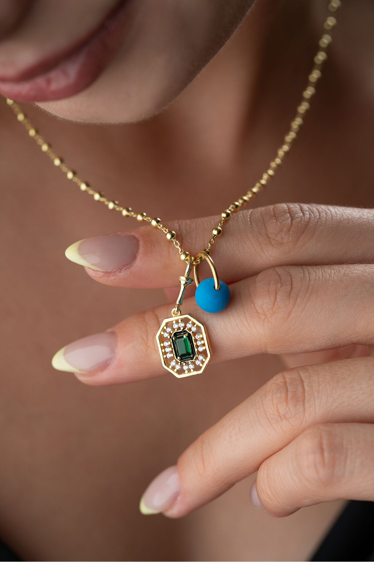 Silvano Jewelry 925 Ayar Gümüş Yeşil Baget Taşlı Şans Kolye