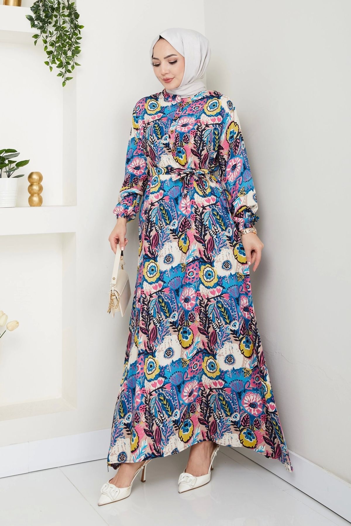 Moda MSK Renkli Çiçek Desenli Kuşaklı Elbise Mavi