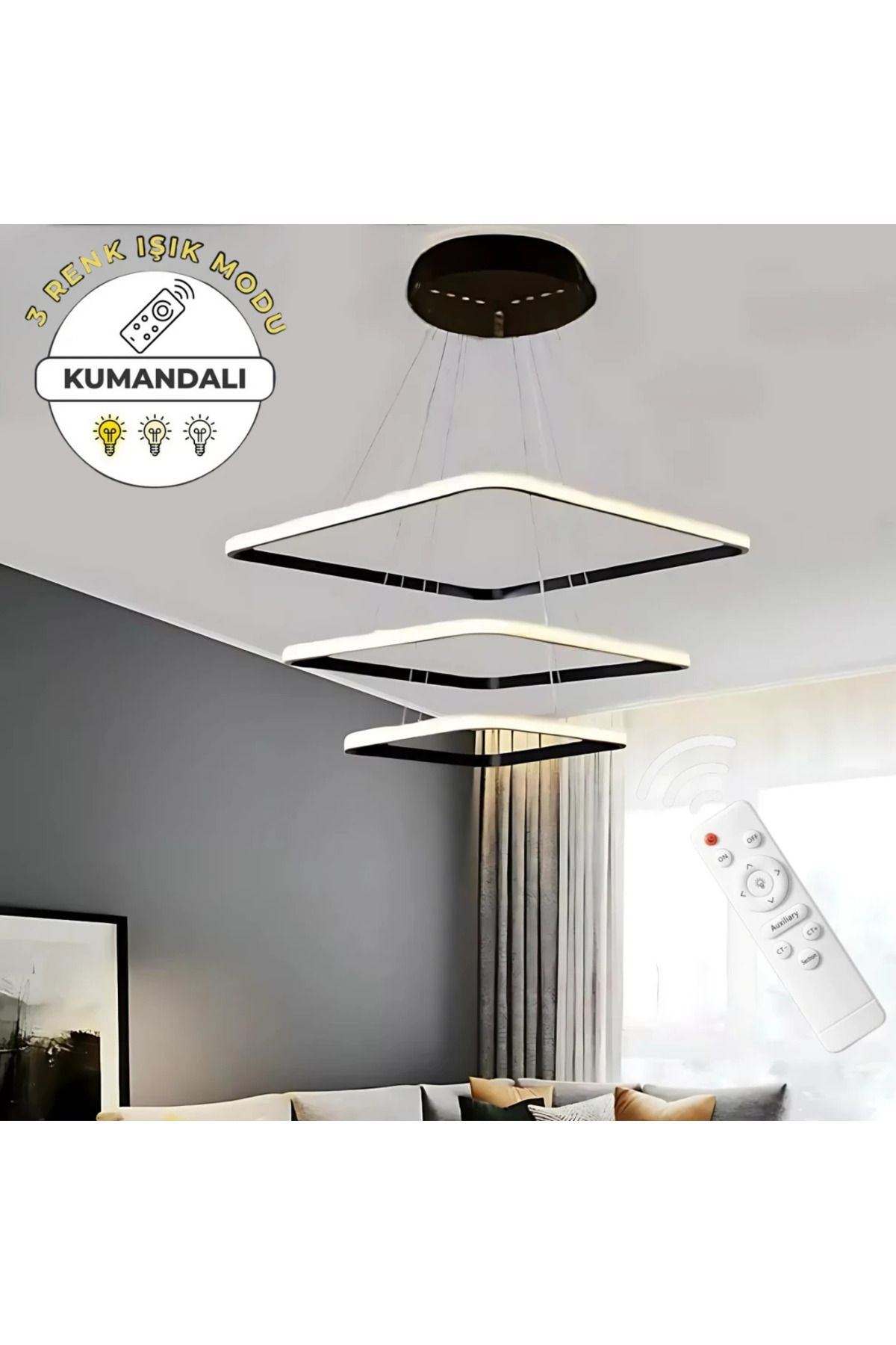 durulight Marie Siyah Kare Uzaktan Kumandalı Dimmerli 3 Renk Ledli Avize Kumandalı Avize Dimemrli Avize