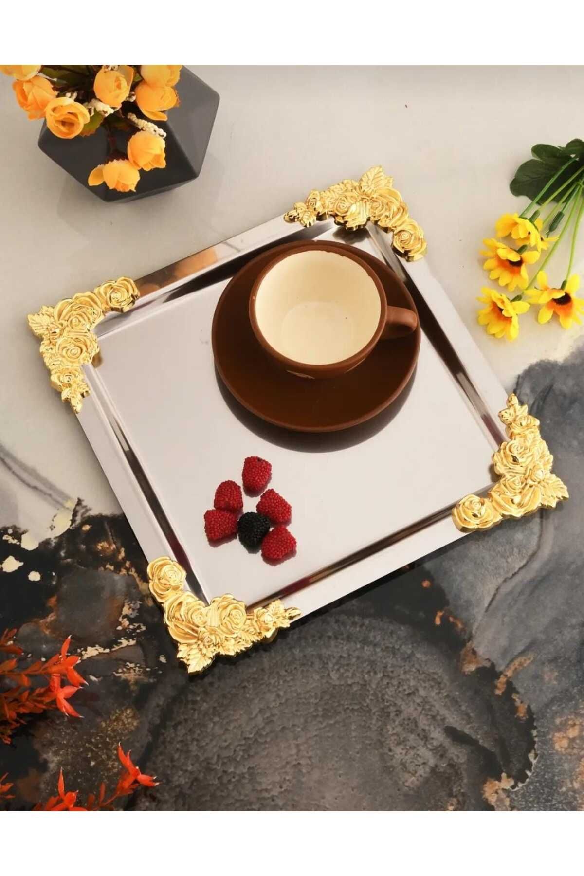 Elk Home Gümüş Gold Gül Detaylı 18/10 Çelik Kahve Sunum Tepsisi Klasik 1 Adet