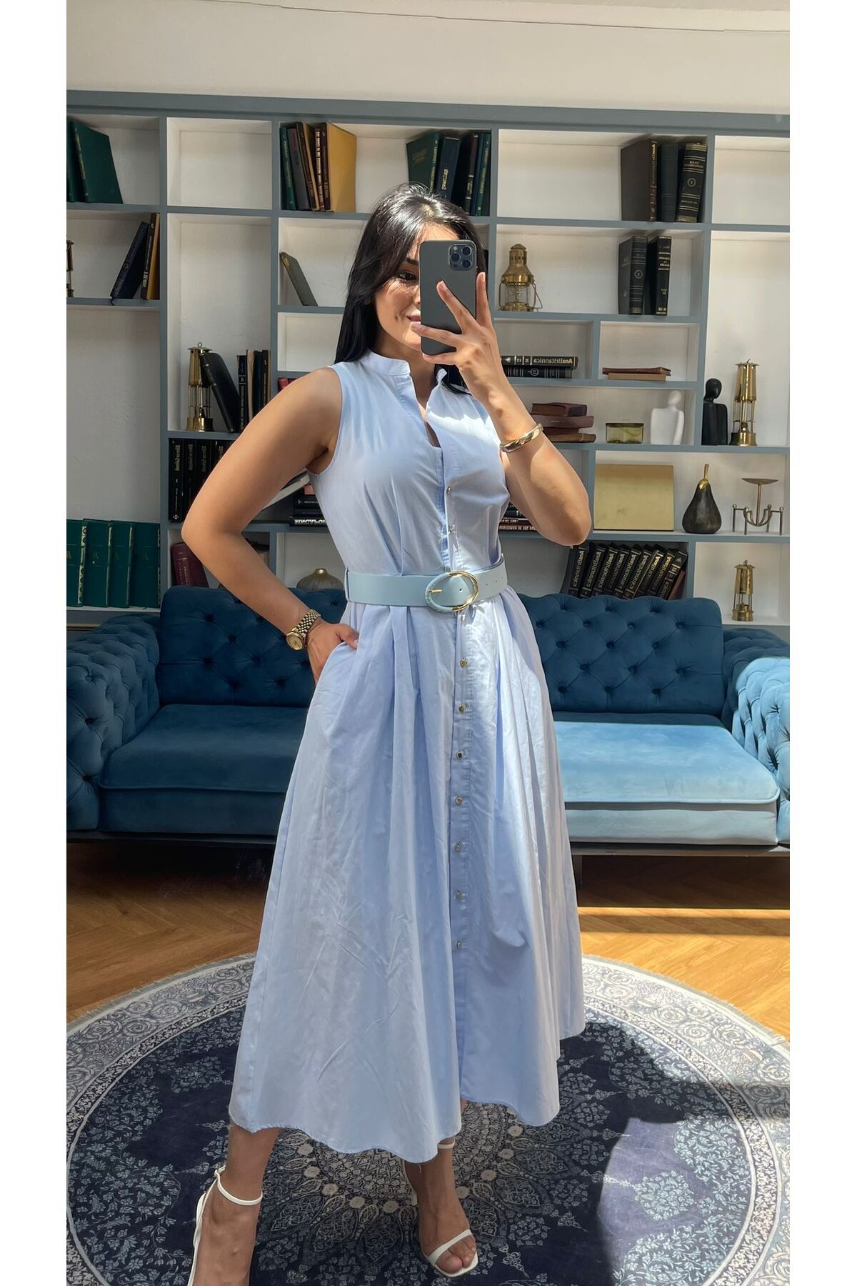 Nida Boutique Sıfır Kol Hakim Yaka Full Düğme Kapamalı Kemerli Keten Astarlı Elbise