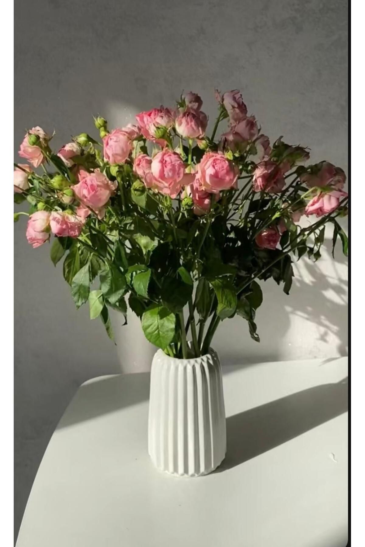 Elioure Çizgili Beton Vazo, Şık ve Modern Dekor, 15 cm, Beyaz Renk