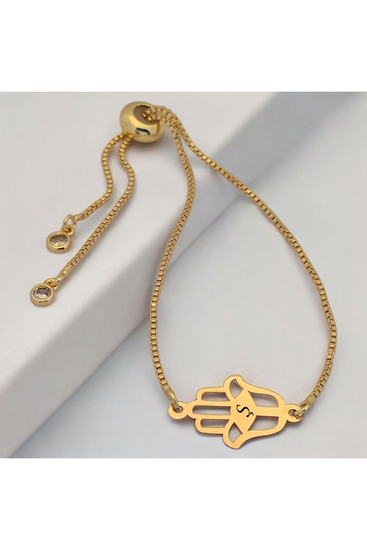 ARCHINO GOLD Ş Harfine Özel Hamsa Motifli 14 Ayar Altın Plakalı Zincirli Hediye Bileklik-497harf