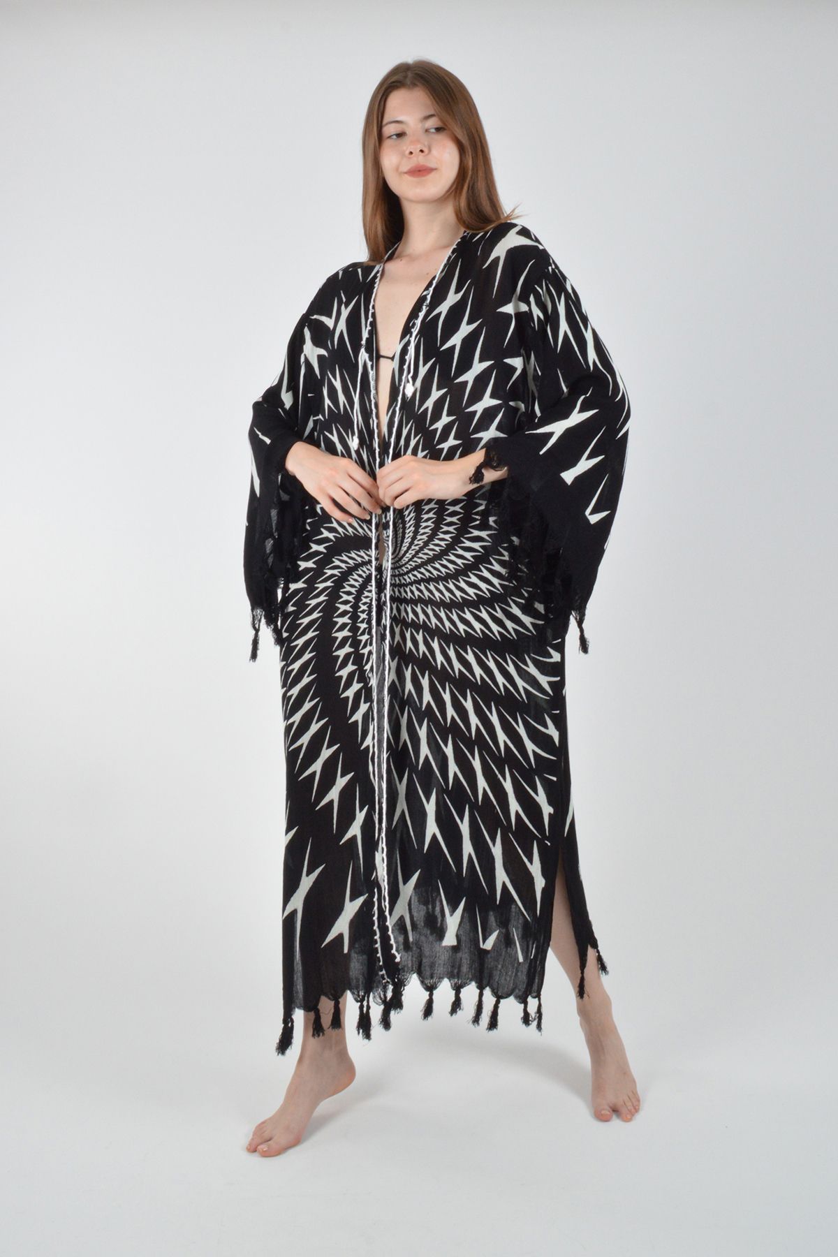 REİNA TEKS Viscon Kimono Bornoz Siyah Retro Hipnoz Desen Pamuklu Baskılı Pareo 1 Adet Unisex