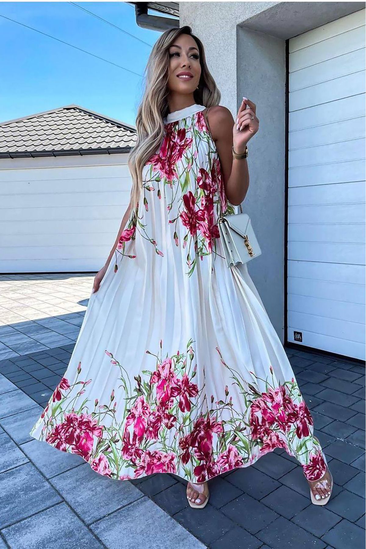 Neşeli Butik kadın halter yaka ithal kumaş saten elbise NBEMP1988