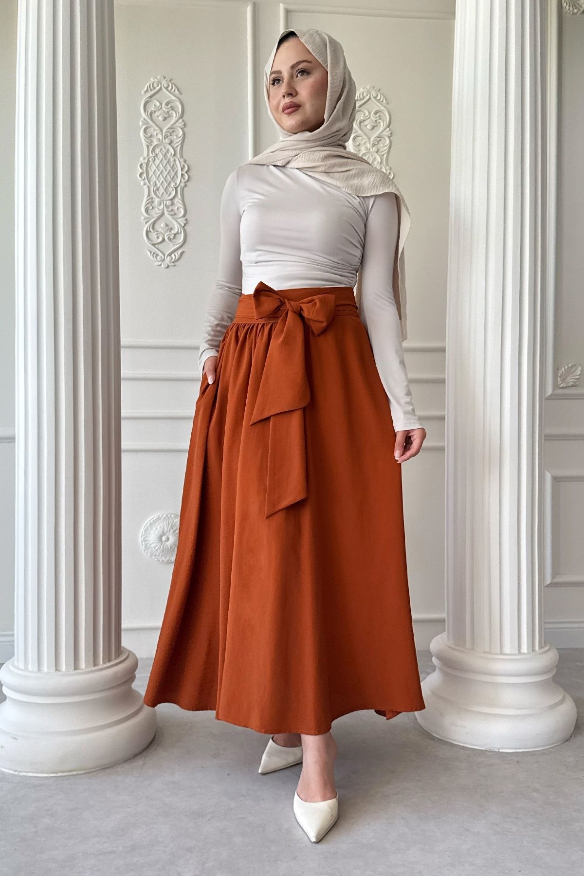 InStyle Pileli Kuşak Detay Kiremit Etek