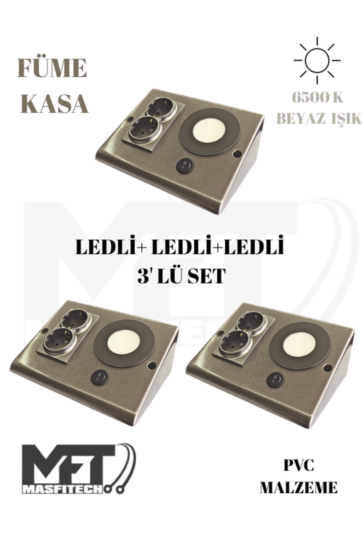 Masfitech Dolap Tezgah Altı Prizli Aydınlatma 3 Watt 6500k Beyaz Işık (3 Adet)