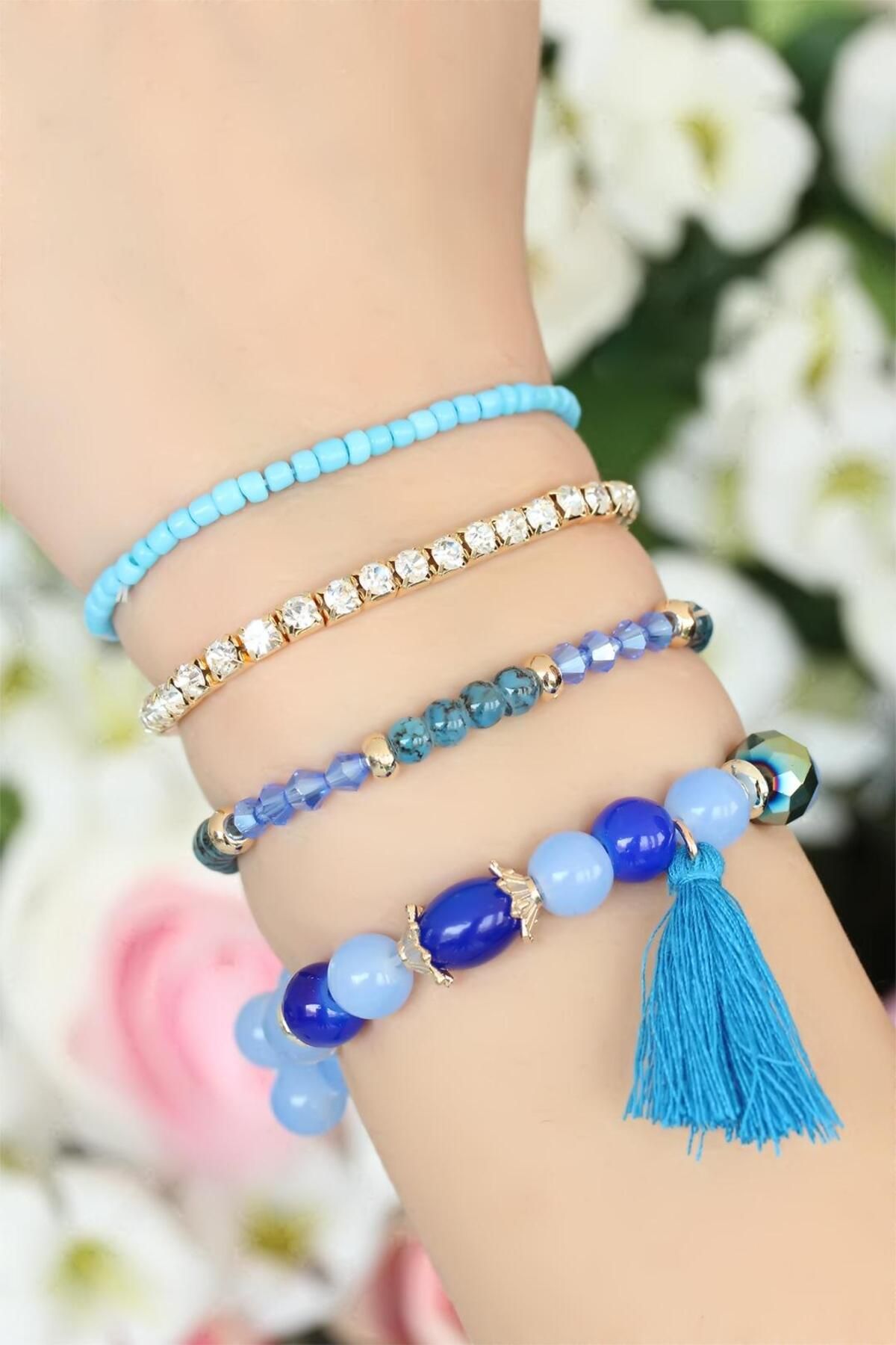 BESKAR-Multiple Bracelet with Blue Beads and Tassels 2