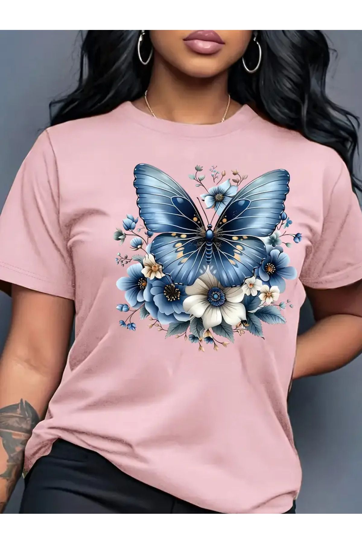 HOFFNUNG T SHIRTBLUR BUTTERFLY AND FLOWERS oversize