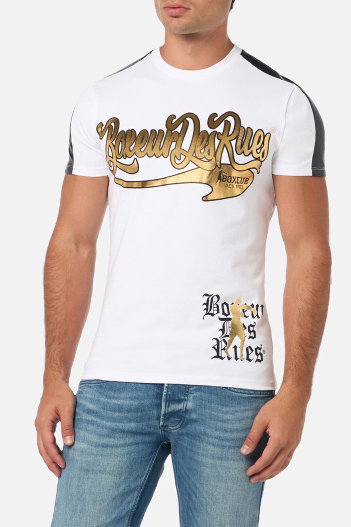 Boxeur Des Rues White T-Shirt With Faux Leather Details White-Gold