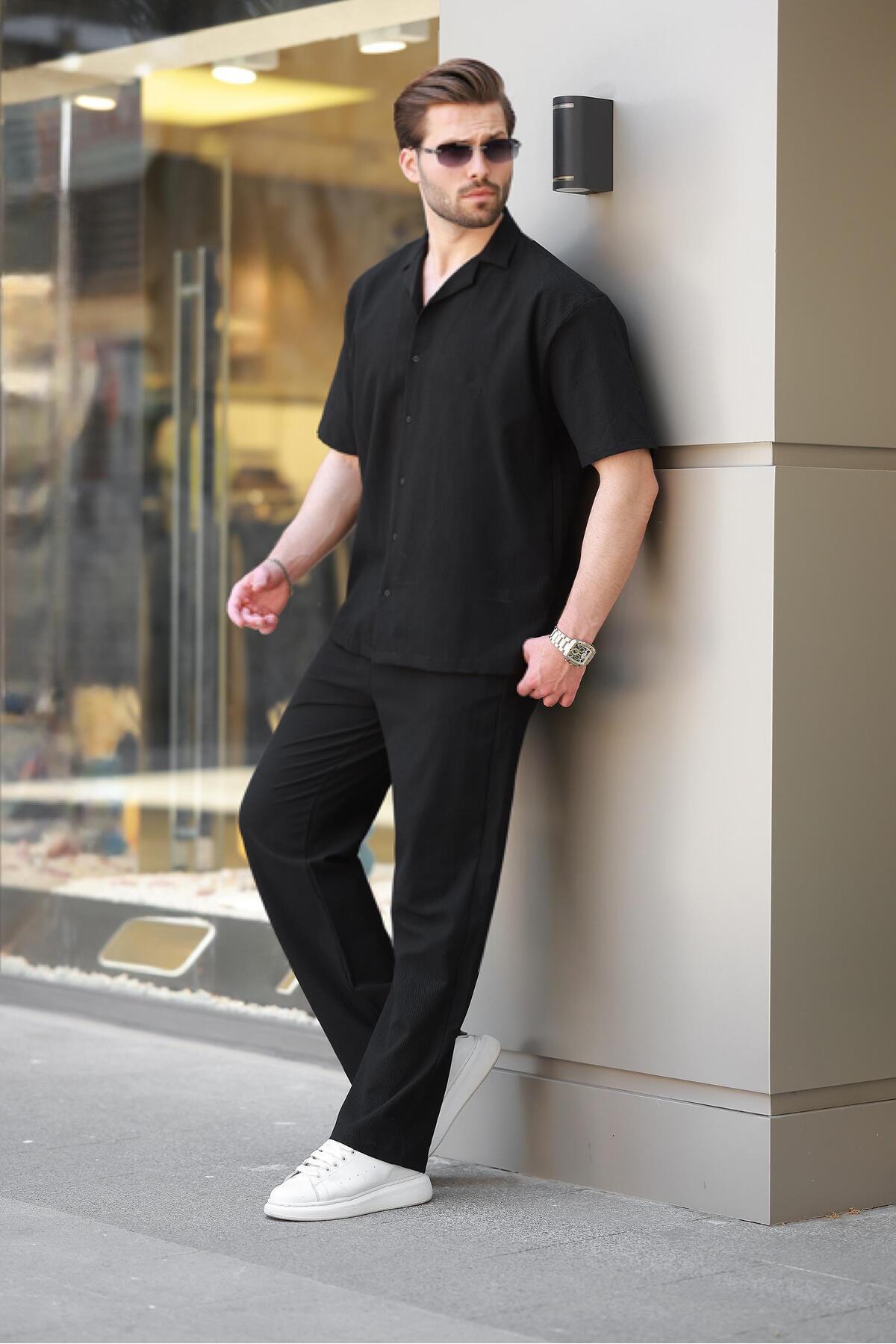 مدمکست ست پیراهن مردانه مشکی ساده E7320