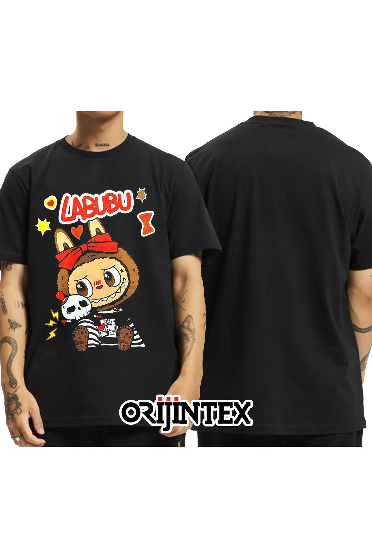 orijintex Labubu Baskılı Unisex Siyah Tshirt