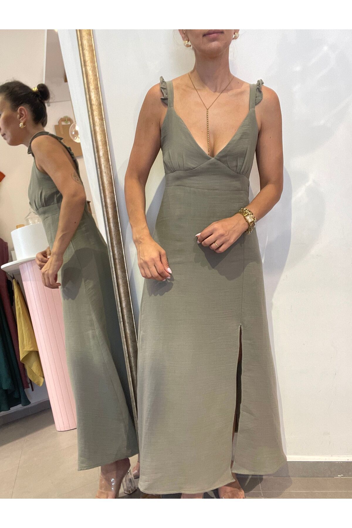 Butik Kadın, Fırfırlı Askılı, Sırtı Lastikli, Önden Yırtmaçlı, Müslin Yeşil Midi Elbise