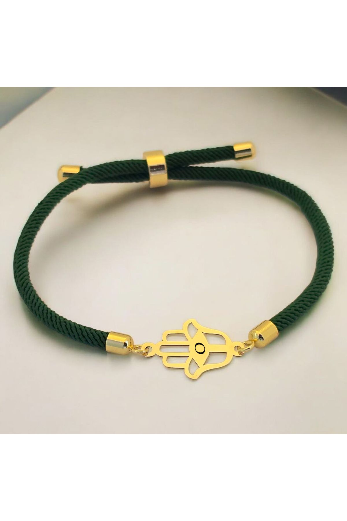 ARCHINO GOLD O Harfine Özel 14 Ayar Altın Plakalı Siyah İpek Örgülü Hamsa Figürlü Hediye Bileklik-498harf