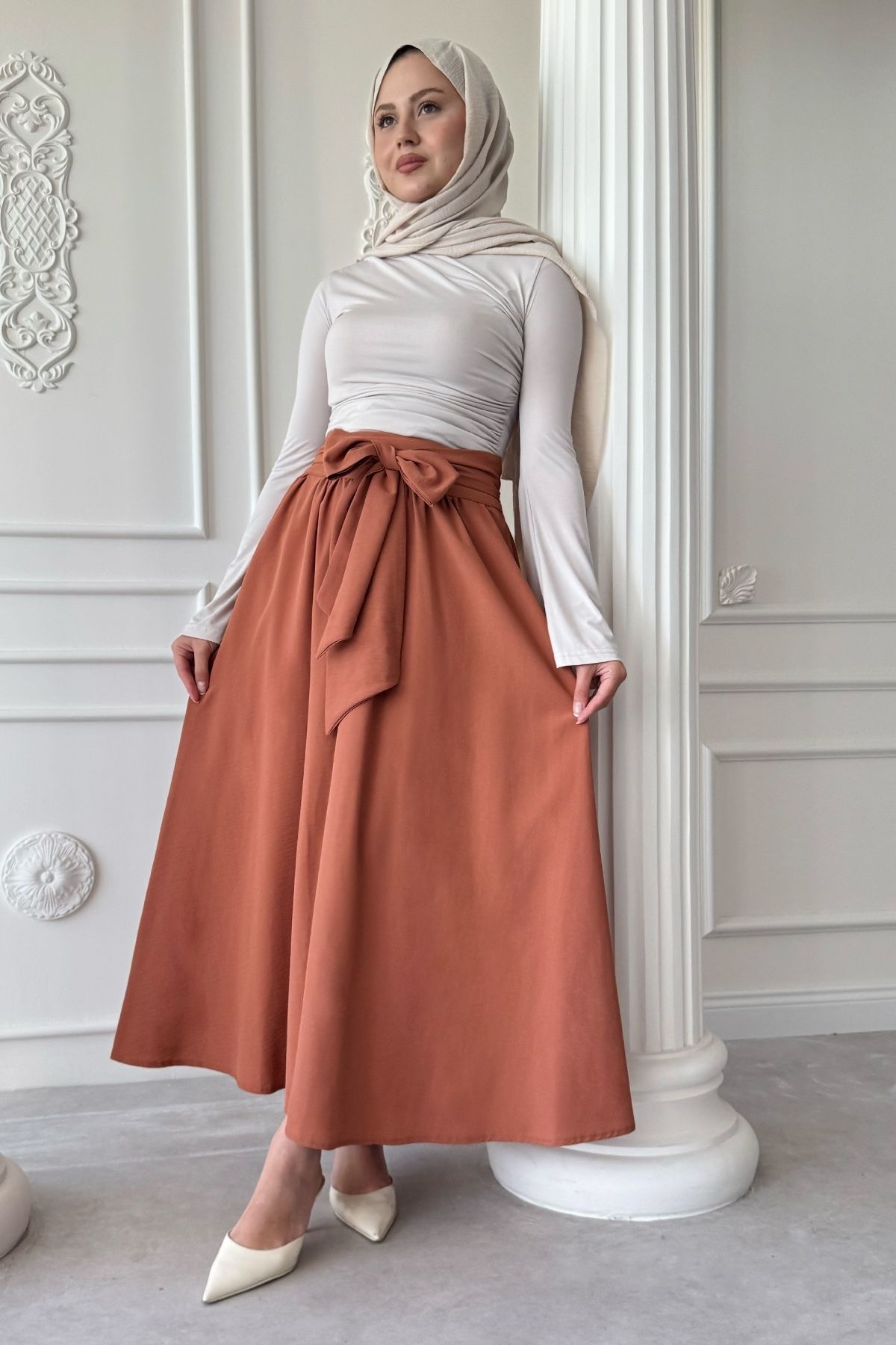 InStyle Pileli Kuşak Detay Somon Etek