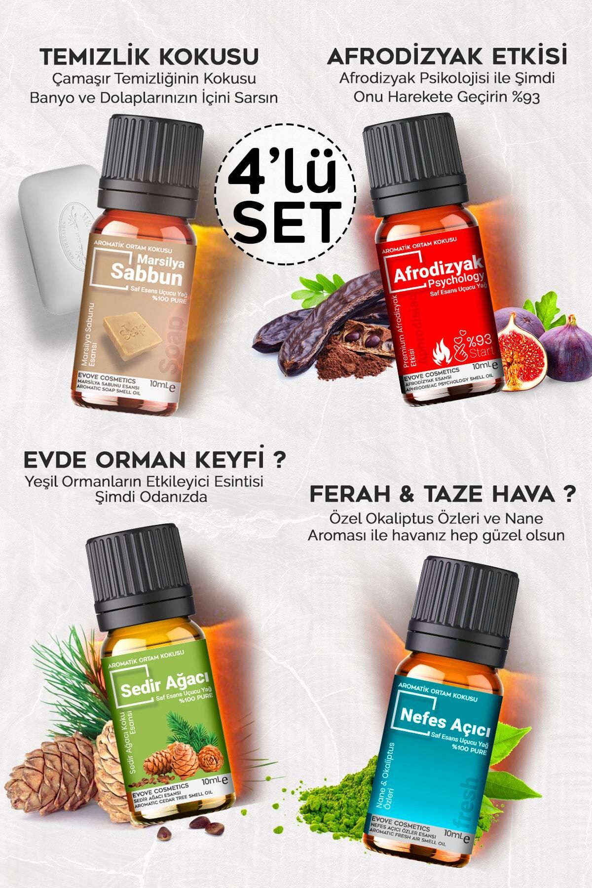 Elioure Doğal Esansiyel Yağ Seti, Oda Kokusu, Buhurdanlık ve Difüzör Parfümü 4x10 ml