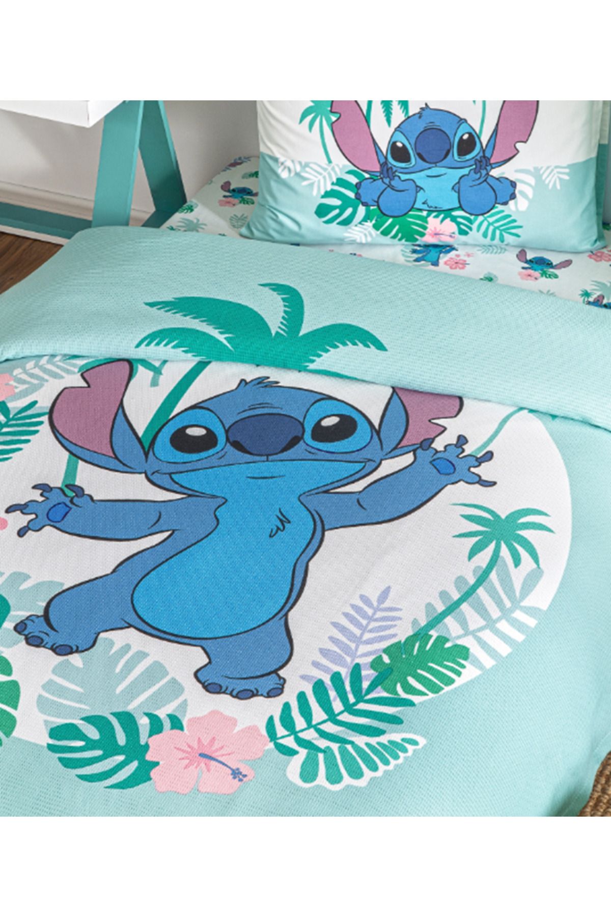 Özdilek Özdilek Stitch Summer Tek Kişilik Disney Lisanslı Lastikli Çarşaf Çocuk Nevresim Takımı Mint