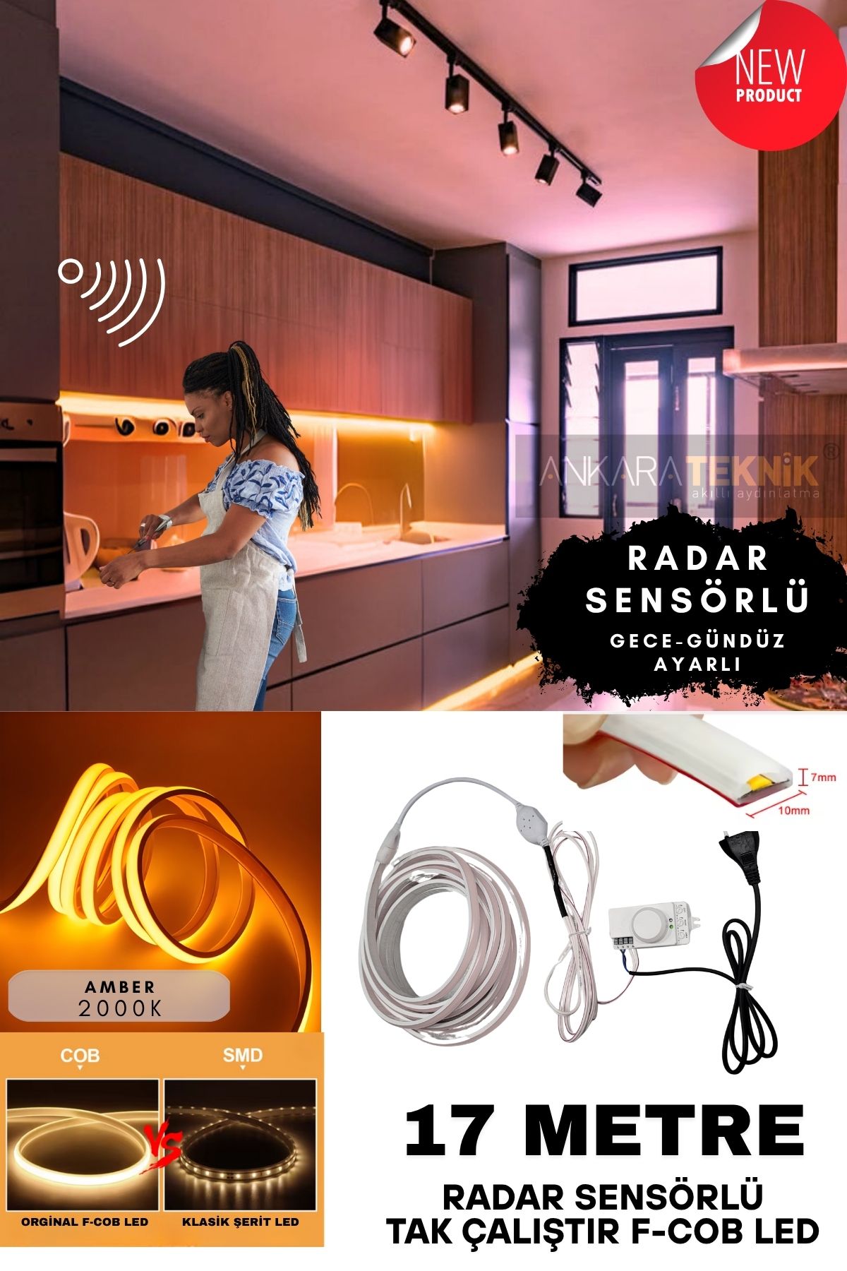 ankarateknik Sensörlü Amber Renk (2000K) F- Cob Neon Led / Yüksek Lümen/ Dolap Alcıpan Tavan LED /17 Metre
