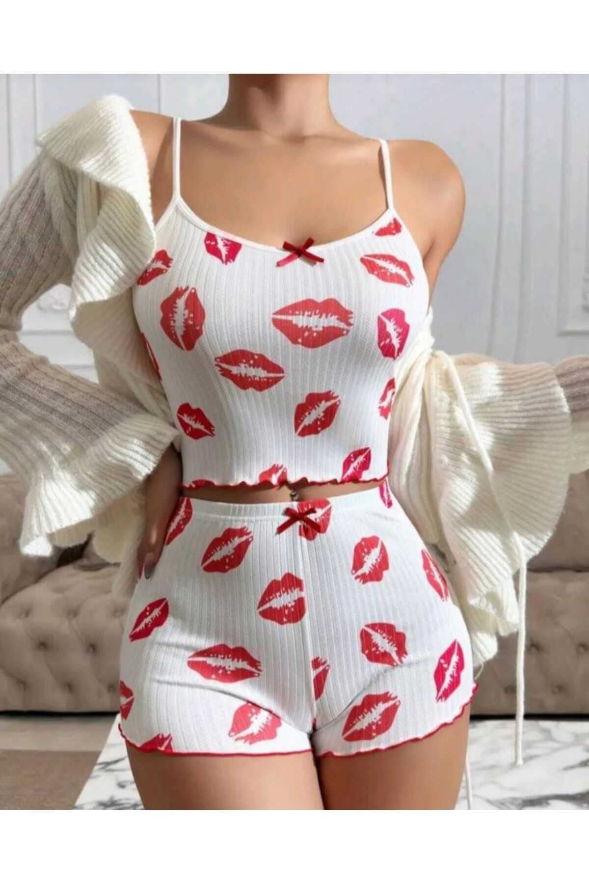 LA VIOR STYLE LA VIOR Kadın Beyaz Pijama Takımı, Kadın Şort Crop Askılı Takım