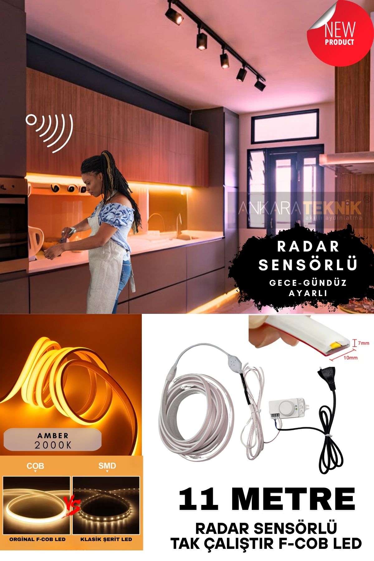 ankarateknik Sensörlü Amber Renk (2000K) F- Cob Neon Led / Yüksek Lümen/ Dolap Alcıpan Tavan LED /11 Metre