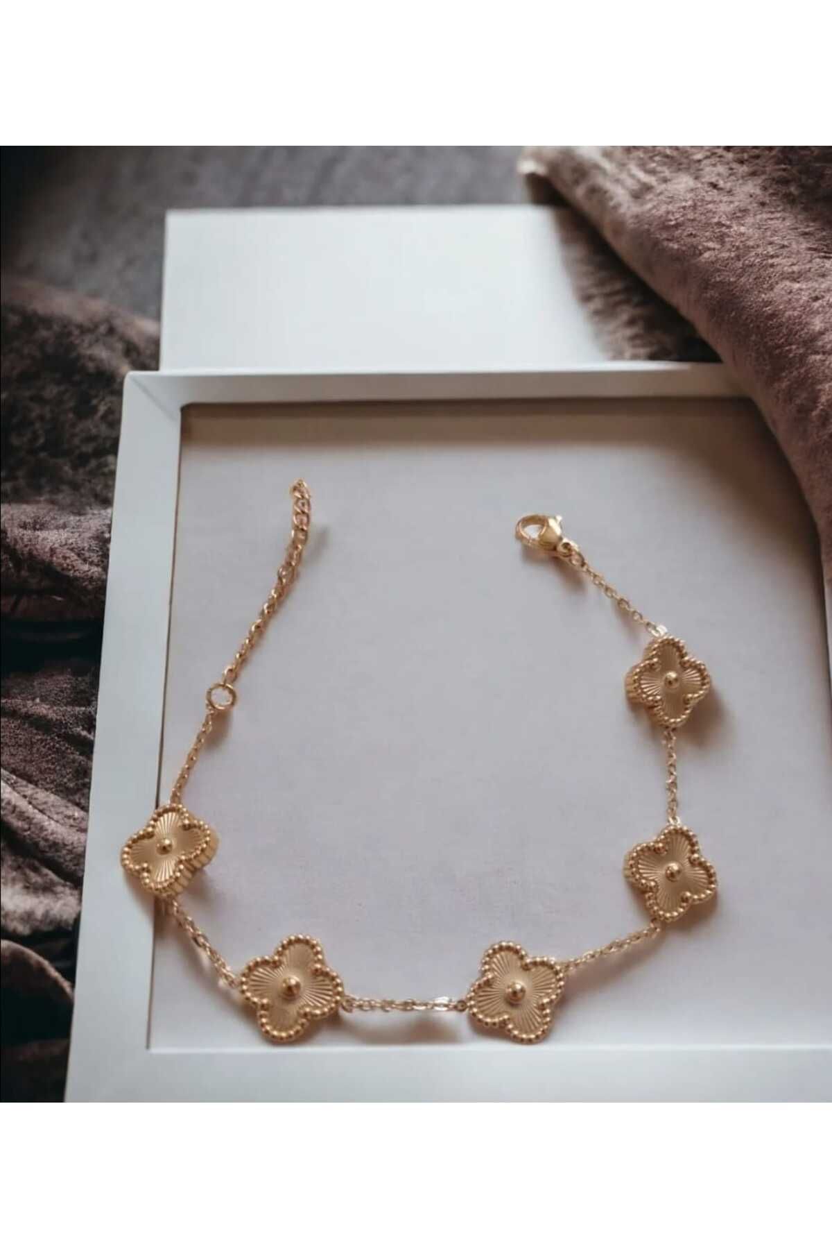 Kaan Accessoire 5'li Bronz Altın Yonca Çelik Bileklik