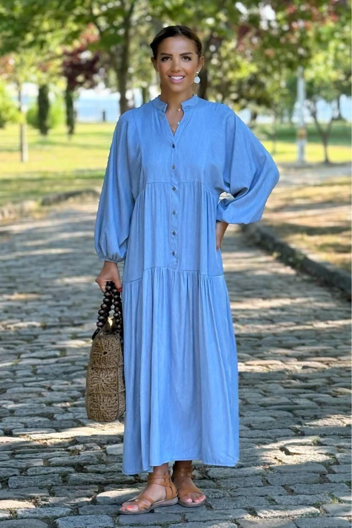 Nevin Kaya Moda Buz Mavisi Bohem Elbise