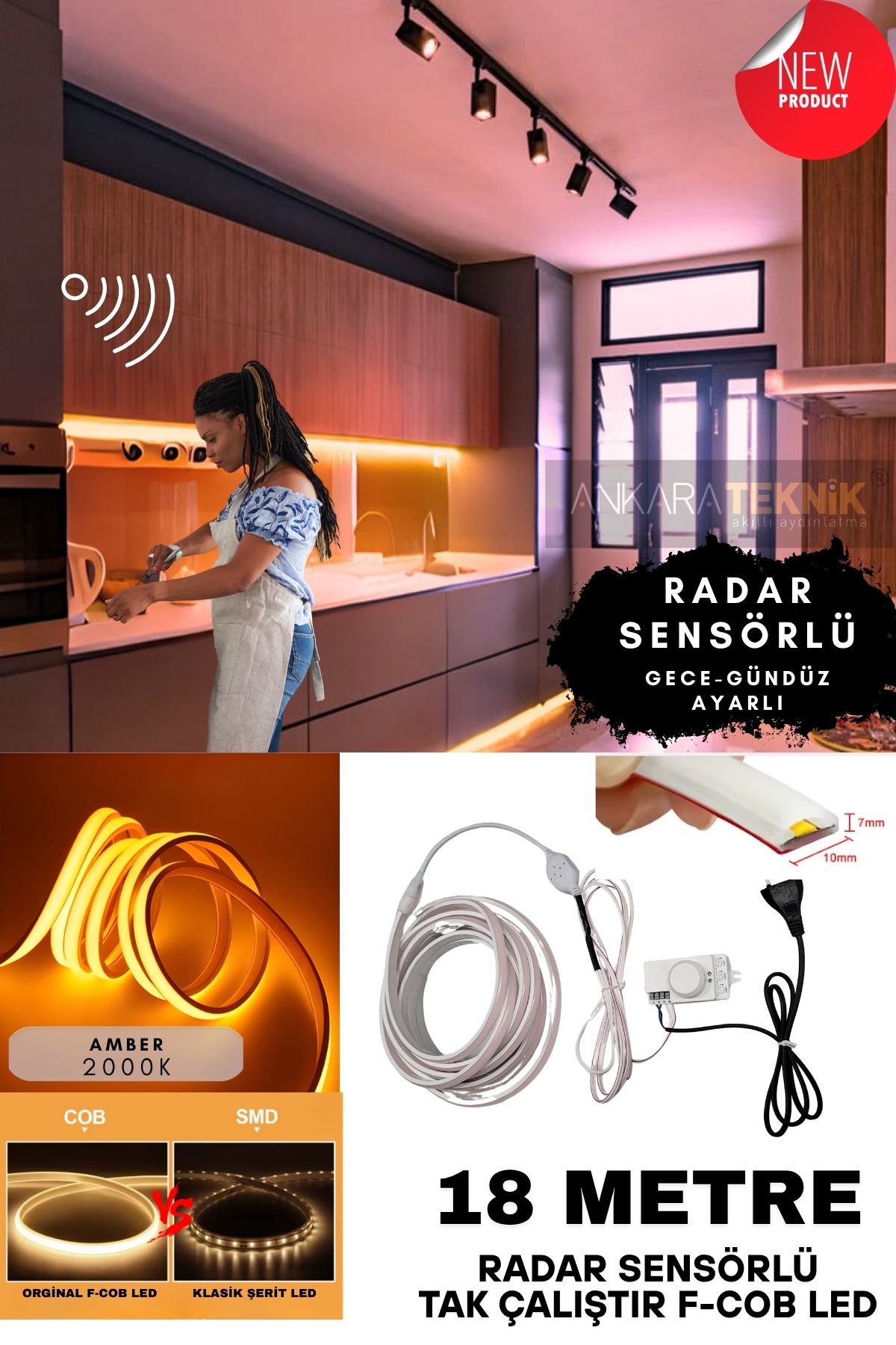 ankarateknik Sensörlü Amber Renk (2000K) F- Cob Neon Led / Yüksek Lümen/ Dolap Alcıpan Tavan LED /18 Metre