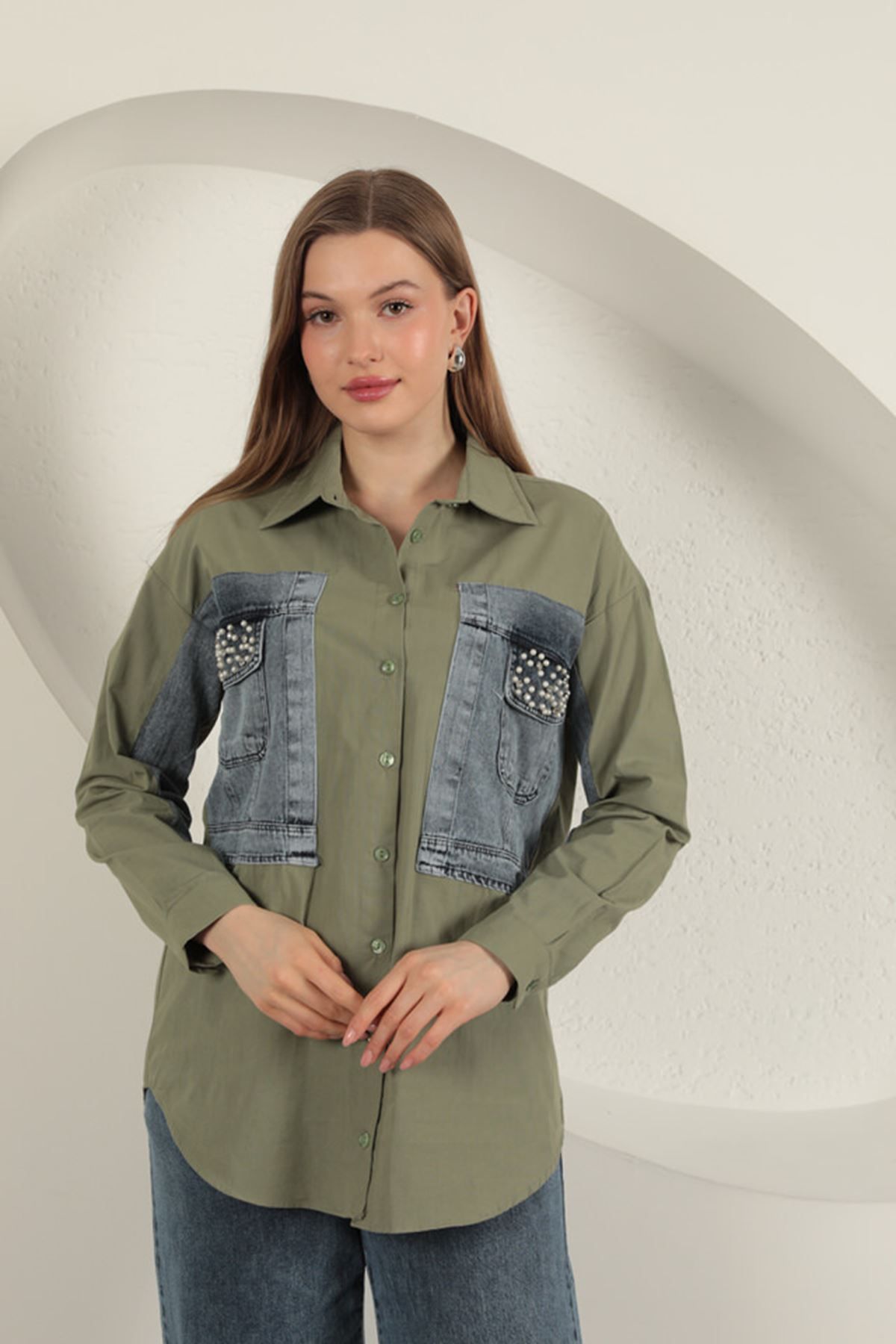 devrialemshoes Poplin Kumaş Kot Garnili Haki Kadın Gömlek
