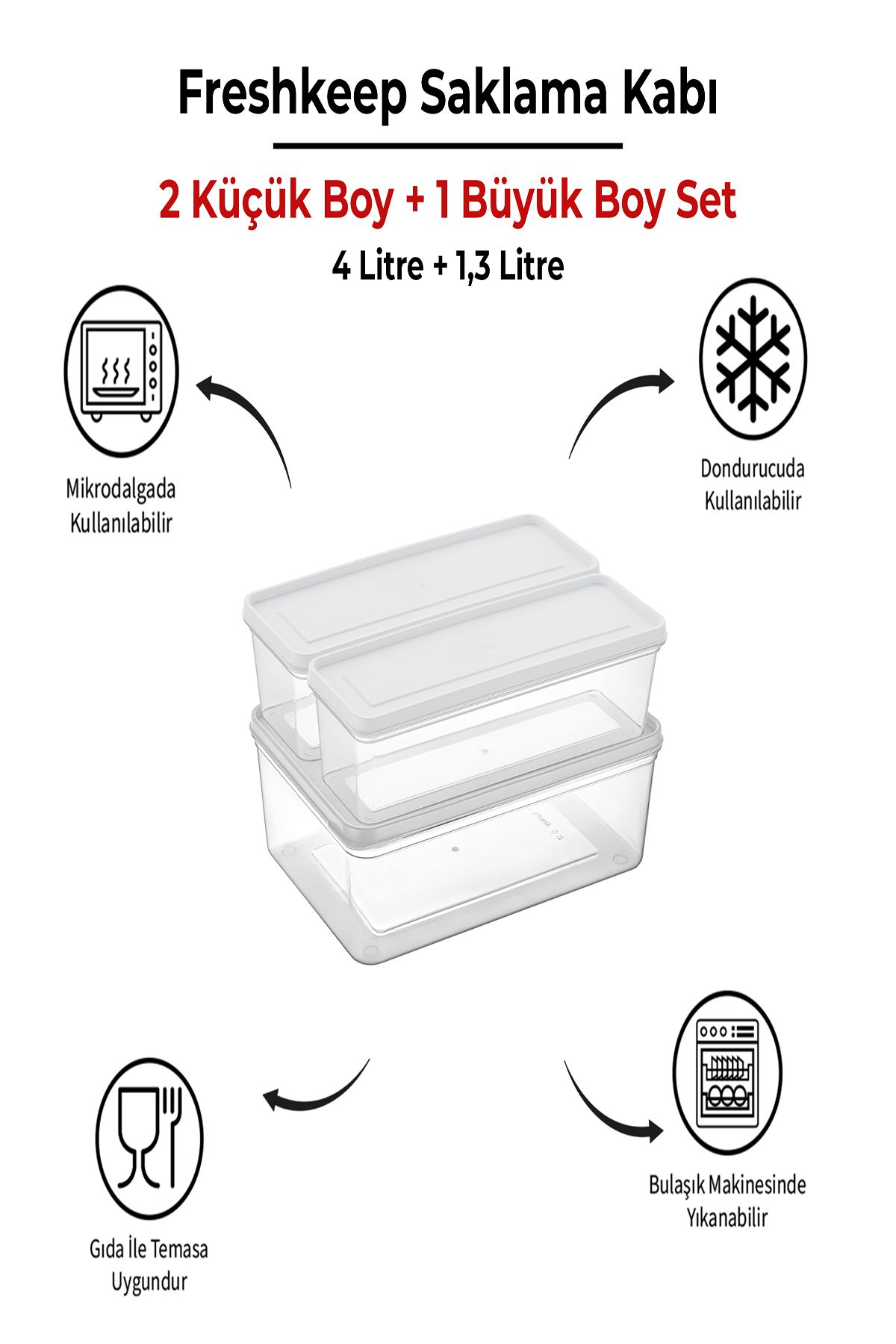 bizimevde 3 Adet Saklama Kabı (1 Büyük-2 Orta Boy) 4 Litre + 1,3 Litre Derin Dondurucu Mikrodalga Uyumlu